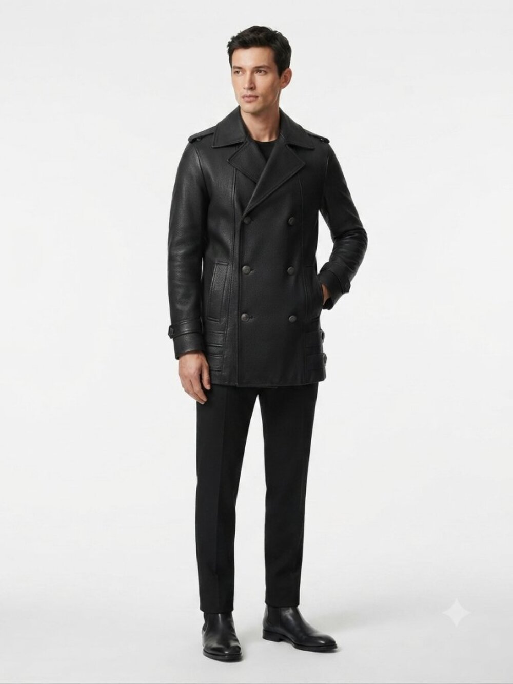 SMART RANGE MEN'S BLACK LEATHER DOUBLE BREASTED COAT - XS
